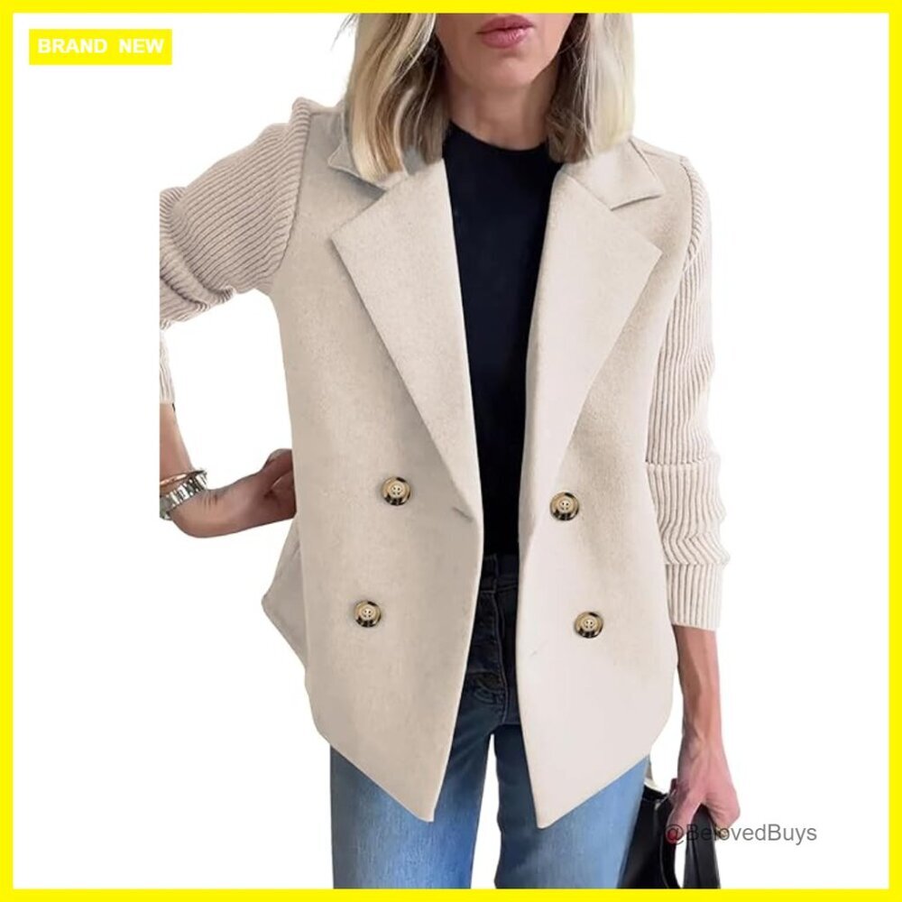 Double Breasted Wool Pea Coat Notched Lapel Ribbed Knit Sleeves Blazer Jacket